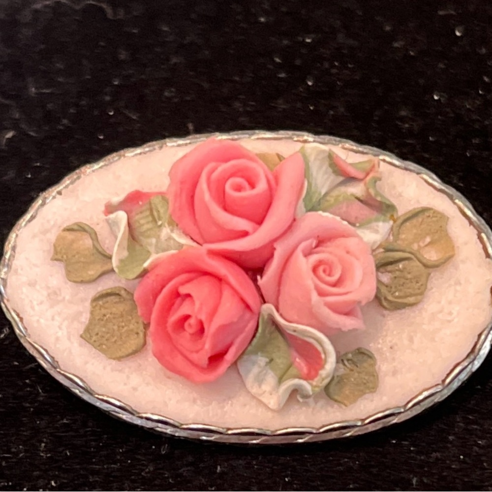 Antique Celluloid Rose Brooch with Pink and Green Accents Circ. 1920s to 1940s
